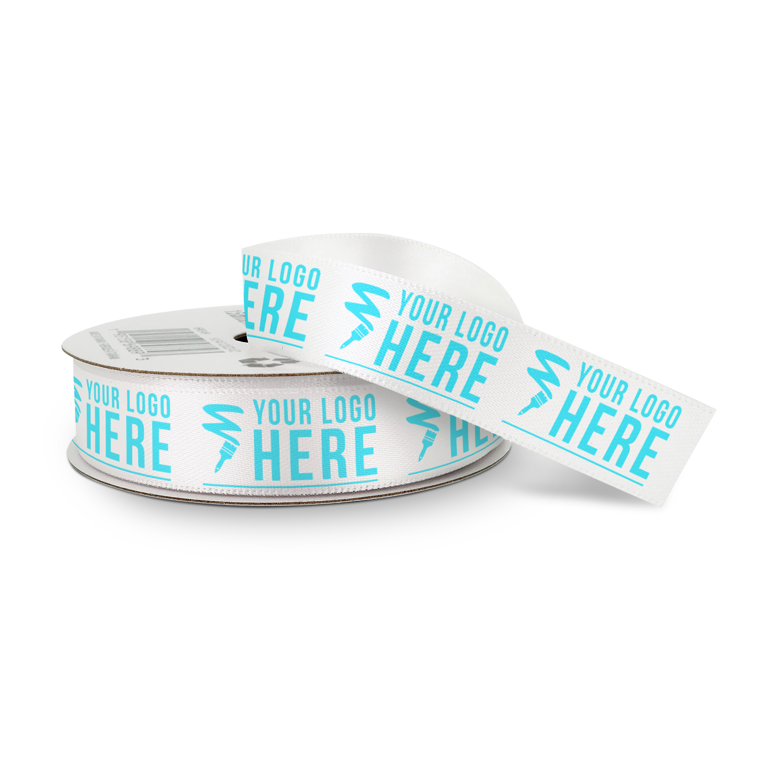 White ribbon spool with turquoise "YOUR LOGO HERE" text and a lightning bolt-shaped design, displayed partially unrolled.