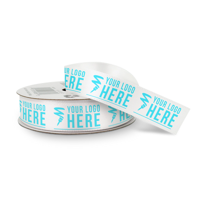 White ribbon spool with turquoise "YOUR LOGO HERE" text and a lightning bolt-shaped design, displayed partially unrolled.