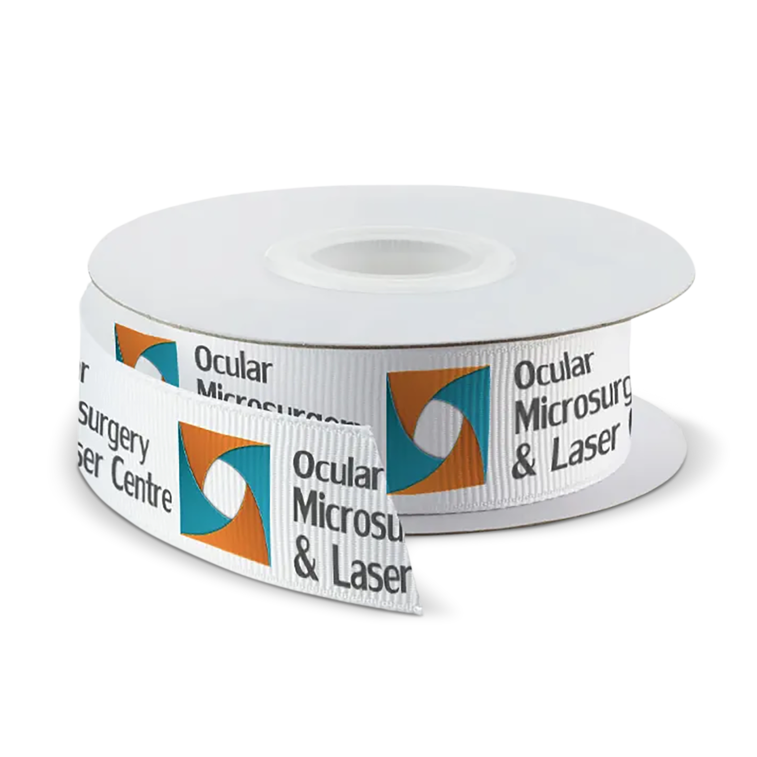 Roll of white custom ribbon printed with a teal and orange abstract logo and the text "Ocular Microsurgery & Laser Centre" in black.