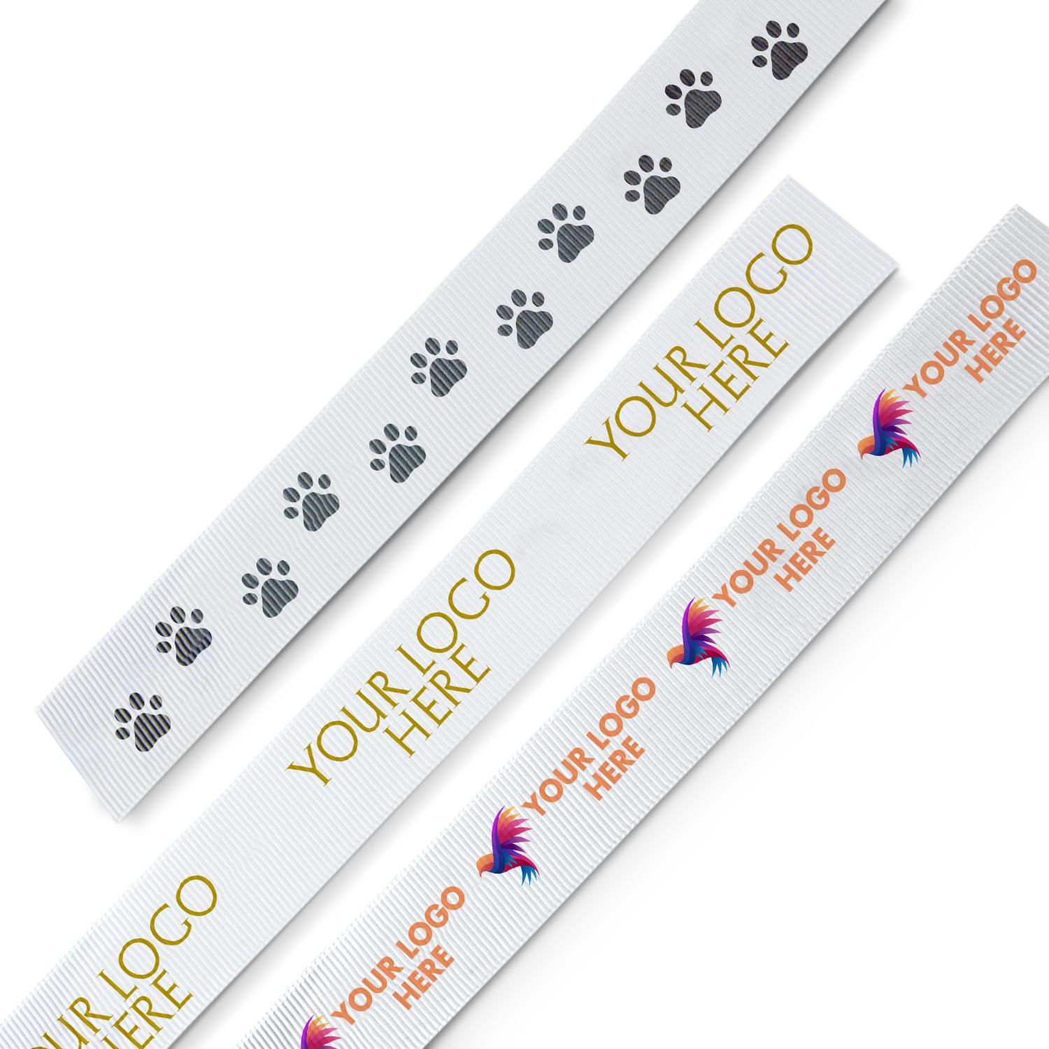  Three custom white ribbons with different designs