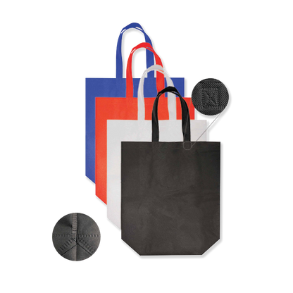 Set of four flat reusable tote bags in black, white, red, and blue, with close-up insets showing fabric texture and stitched bottom.