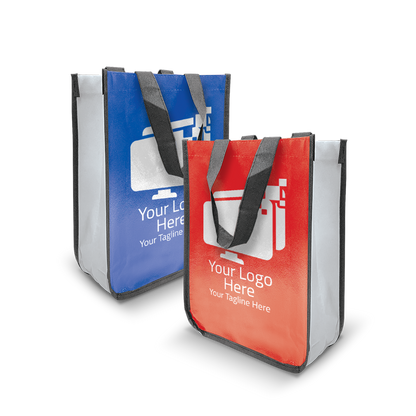 Two small laminated non-woven tote bags with curved bottoms, one red and one blue, featuring black and gray handles, white side panels, and a printed customizable logo on the front.