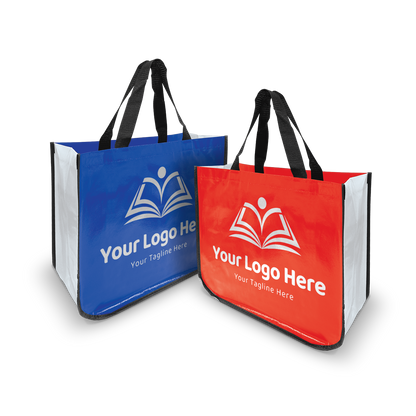 Reusable laminated tote bags in red and blue with black handles