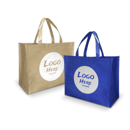 Two reusable tote bags — one beige and one blue — both featuring a large white circle with a placeholder logo and tagline printed in the center.
