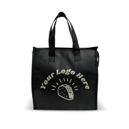 Black insulated reusable tote bag with stitched handles and custom logo print 