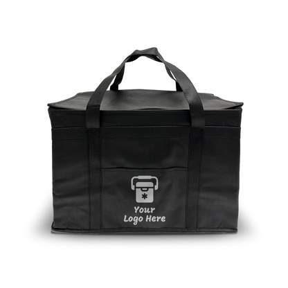 Black insulated tote with zipper and reinforced handles, perfect for food delivery. Custom logo area for branding.