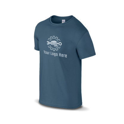 Indigo blue short-sleeve t-shirt with a white logo and customizable tagline.