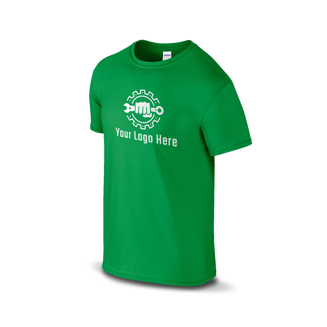 Irish green Gildan T-shirt with customizable logo and wrench design.