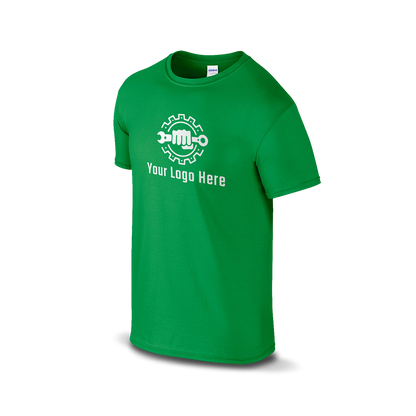 Irish green Gildan T-shirt with customizable logo and wrench design.
