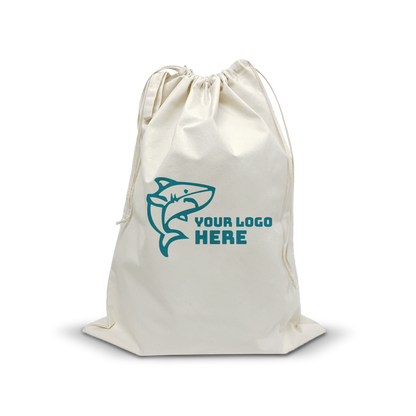 Jumbo 10oz canvas drawstring laundry bag, 24”W x 30”H, with custom shark logo.