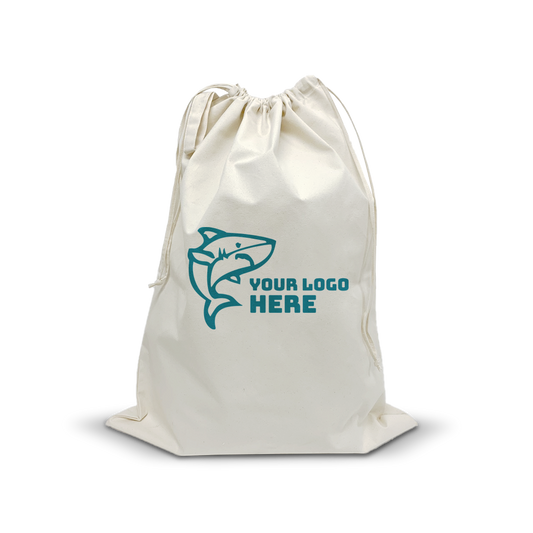 Jumbo 10oz canvas drawstring laundry bag, 24”W x 30”H, with custom shark logo.