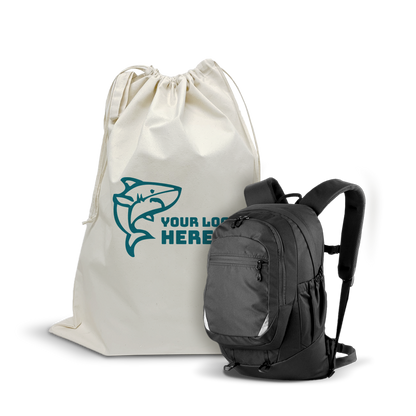 Canvas drawstring laundry bag with shark logo alongside a black multi-pocket backpack.