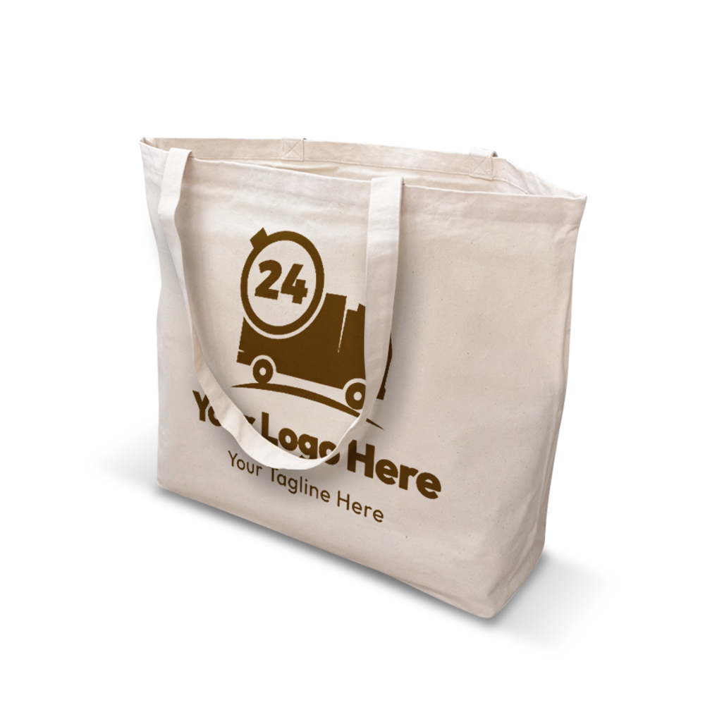 Natural canvas tote bag with long handles, featuring a brown delivery truck and stopwatch graphic with customizable logo and tagline.