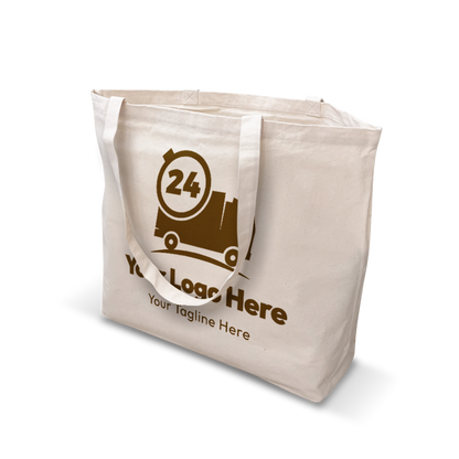 Natural canvas tote bag with long handles, featuring a brown delivery truck and stopwatch graphic with customizable logo and tagline.