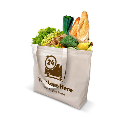 Canvas grocery tote filled with fresh produce, bread, and eco-friendly items, showcasing a custom delivery logo on the front.