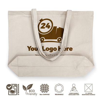 Folded canvas tote bag with brown delivery logo, long handles, and icons highlighting eco-friendly, reusable 8oz canvas with reinforced stitching.