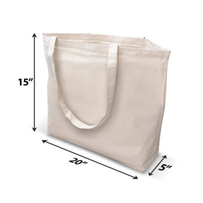 Natural canvas tote bag with long handles, measuring 20"W x 15"H x 5"D — perfect for shopping, commuting, or everyday use.