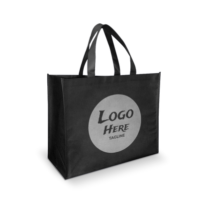 Black reusable tote bag with dual handles, featuring a large circular area on the front for a custom logo and tagline