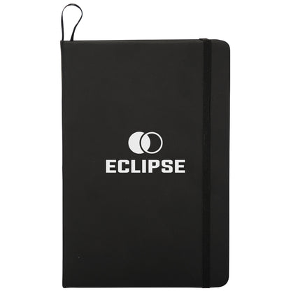 Black King Edward Large Journal, 5 1/2″ W x 8 1/4″ H, with an elastic closure band, loop for pen, and white logo printed on the front cover