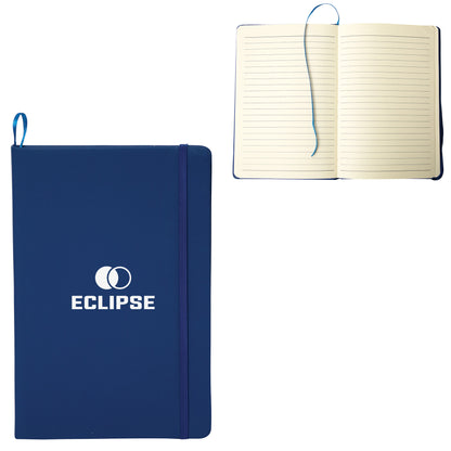 Navy blue King Edward Large Journal featuring a white logo, dark blue elastic closure band, matching pen loop, and an interior view of lined cream pages with a blue ribbon bookmark