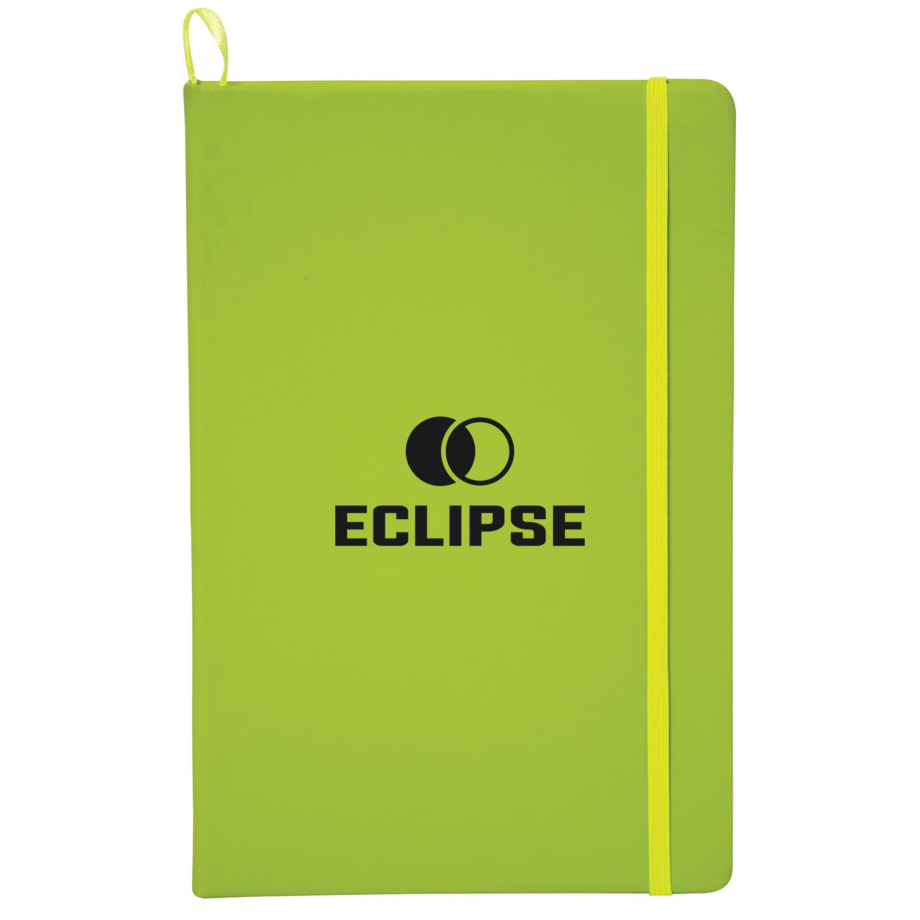 Lime green King Edward Large Journal featuring a black logo, with a bright yellow elastic closure band and pen loop.