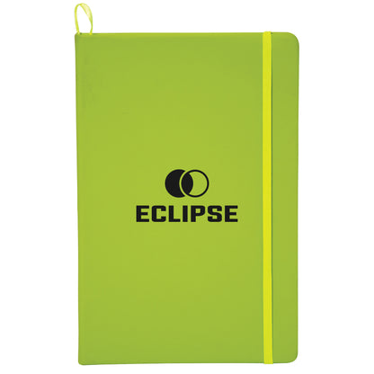 Lime green King Edward Large Journal featuring a black logo, with a bright yellow elastic closure band and pen loop.