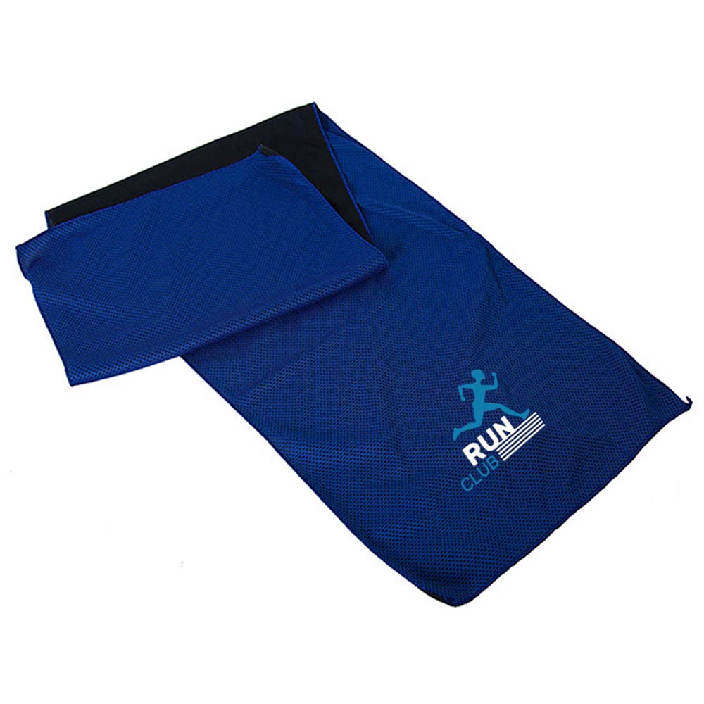 Blue mesh cooling towel featuring a white and teal 'RUN CLUB' logo with a running figure icon