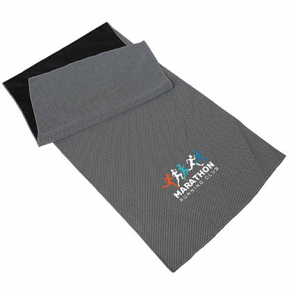 Blue mesh fitness towel with black lining, featuring a teal and white 'RUN CLUB' logo and running figure icon.