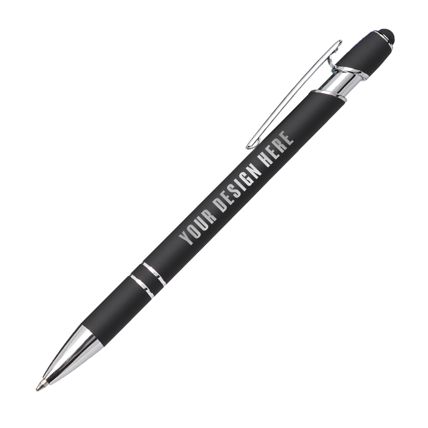 Black metal ballpoint pen with chrome accents, clip, stylus tip, and "YOUR DESIGN HERE" custom imprint on the barrel.
