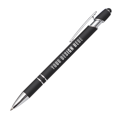 Black metal ballpoint pen with chrome accents, clip, stylus tip, and "YOUR DESIGN HERE" custom imprint on the barrel.