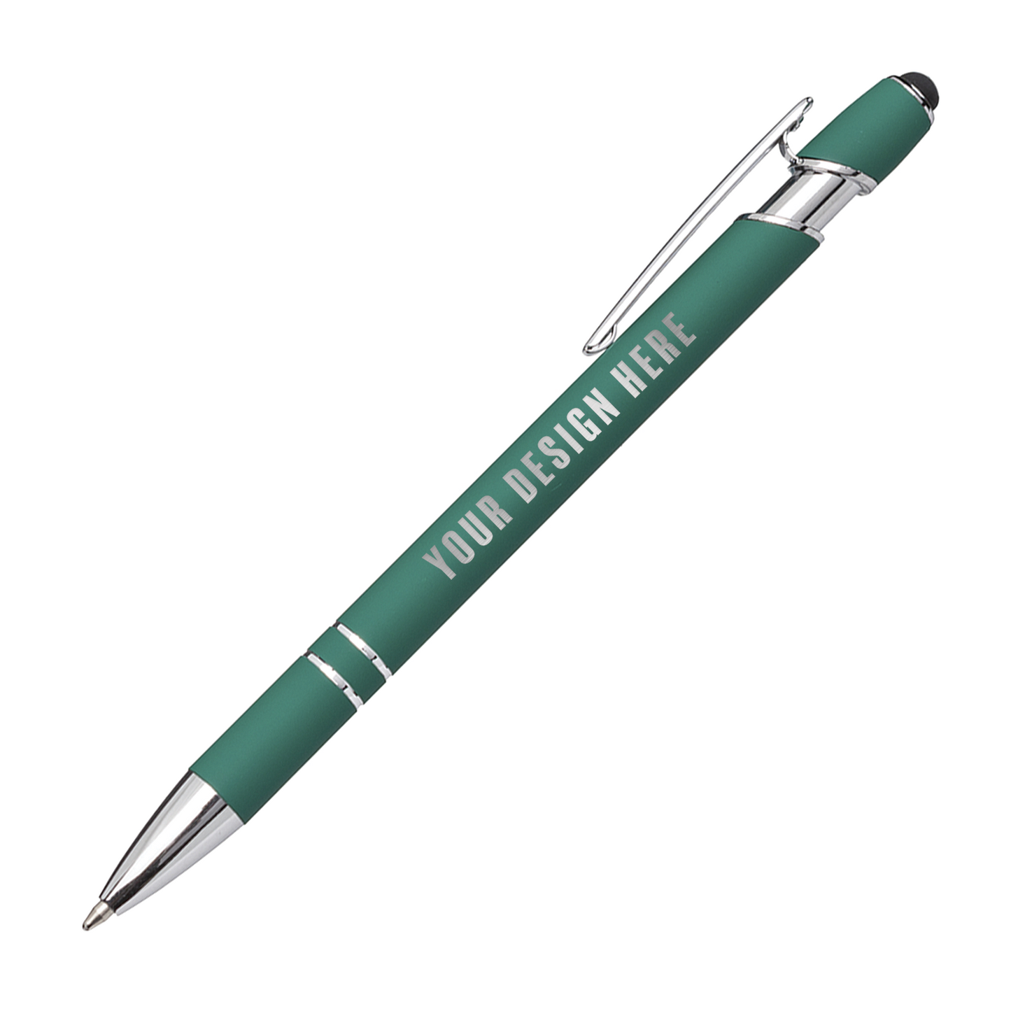 Green metal ballpoint pen with chrome accents, clip, stylus tip, and "YOUR DESIGN HERE" custom imprint on the barrel.