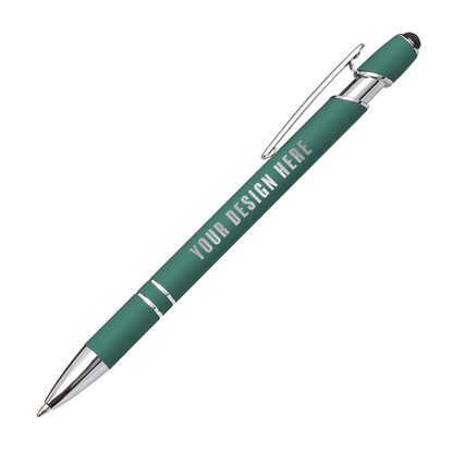Green metal ballpoint pen with chrome accents, clip, stylus tip, and "YOUR DESIGN HERE" custom imprint on the barrel.