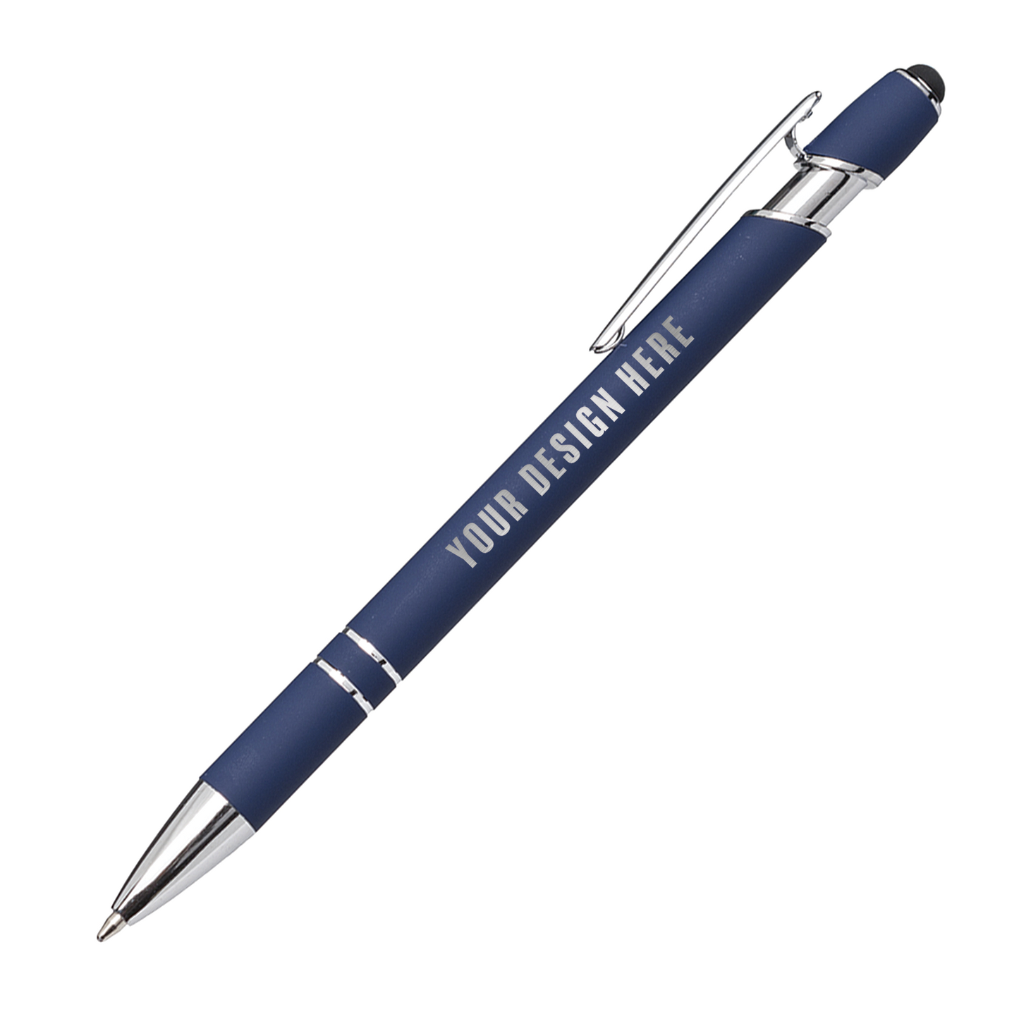 Navy blue metal ballpoint pen with chrome accents, clip, stylus tip, and "YOUR DESIGN HERE" custom imprint on the barrel.