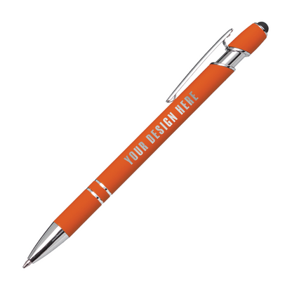 Orange metal ballpoint pen with chrome accents, clip, stylus tip, and "YOUR DESIGN HERE" custom imprint on the barrel.