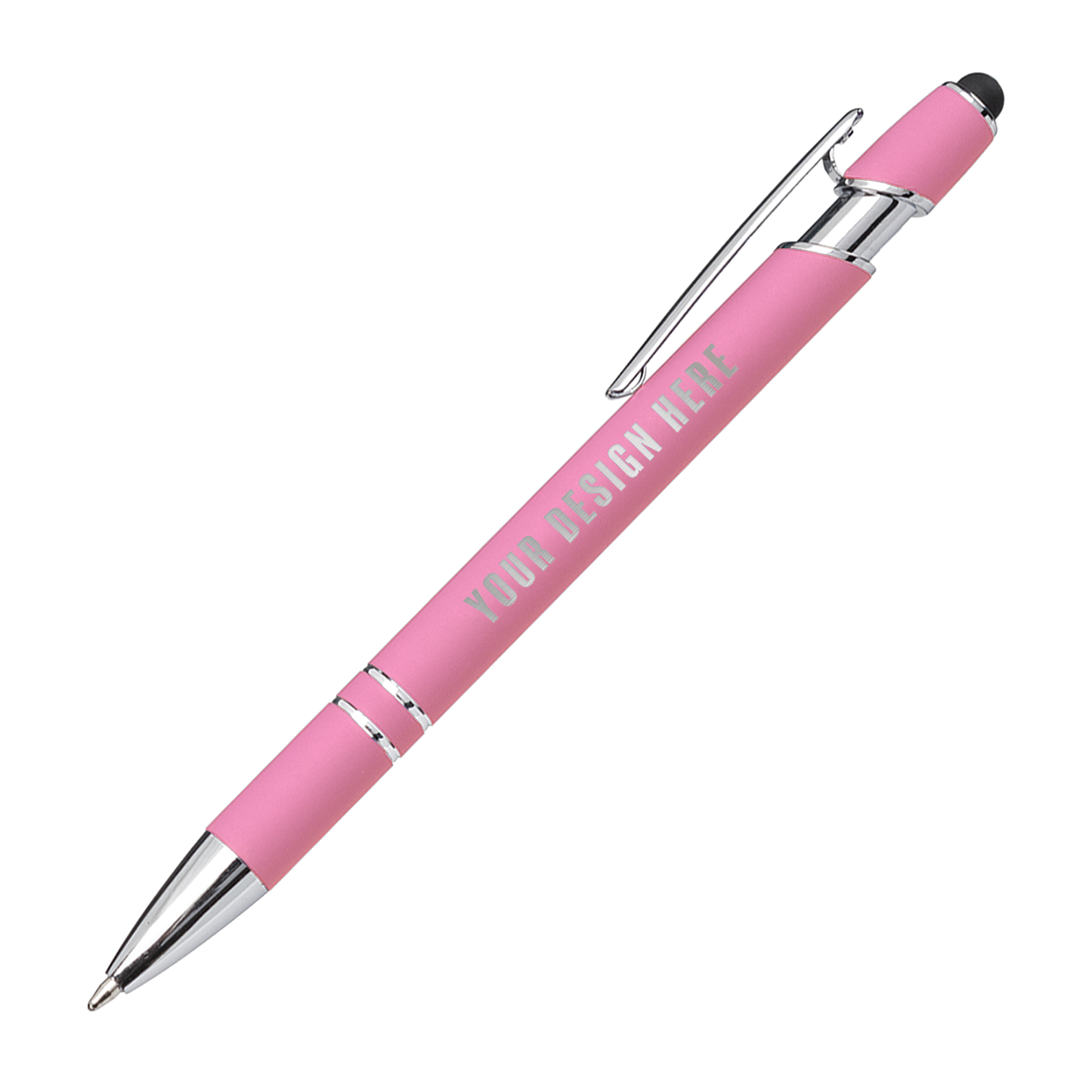 Purple metal ballpoint pen with chrome accents, clip, stylus tip, and "YOUR DESIGN HERE" custom imprint on the barrel.