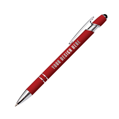 Red metal ballpoint pen with chrome accents, clip, stylus tip, and "YOUR DESIGN HERE" custom imprint on the barrel.