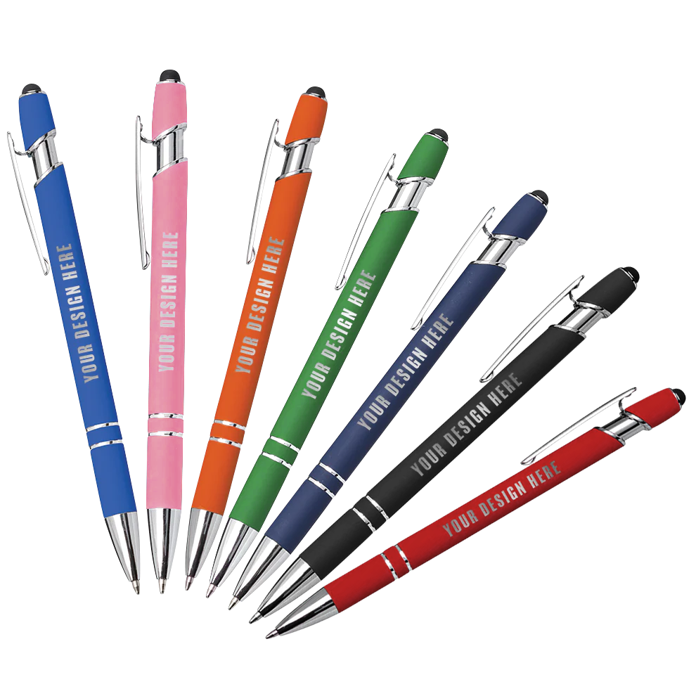 Assorted colored metal pens with chrome accents, stylus tips, and custom design printed on the barrels.