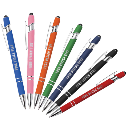 Assorted colored metal pens with chrome accents, stylus tips, and custom design printed on the barrels.