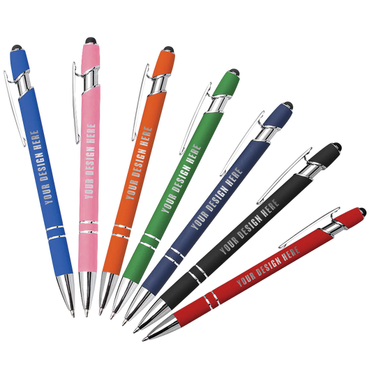 Assorted colored metal pens with chrome accents, stylus tips, and custom design printed on the barrels.