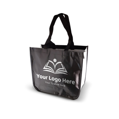 Glossy black promotional tote bag with white side panels, black handles, and a bold custom logo