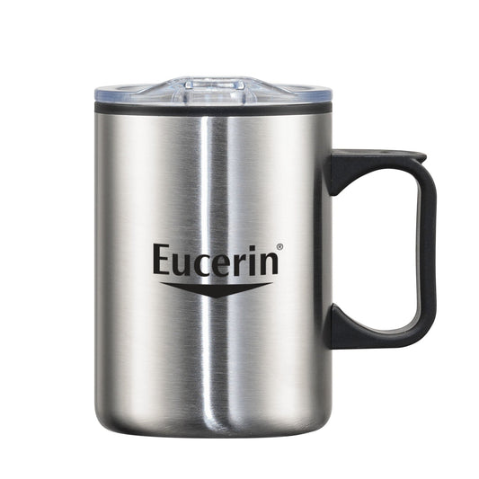 Silver stainless steel mug with black handle and clear lid, featuring Eucerin logo on the front.
