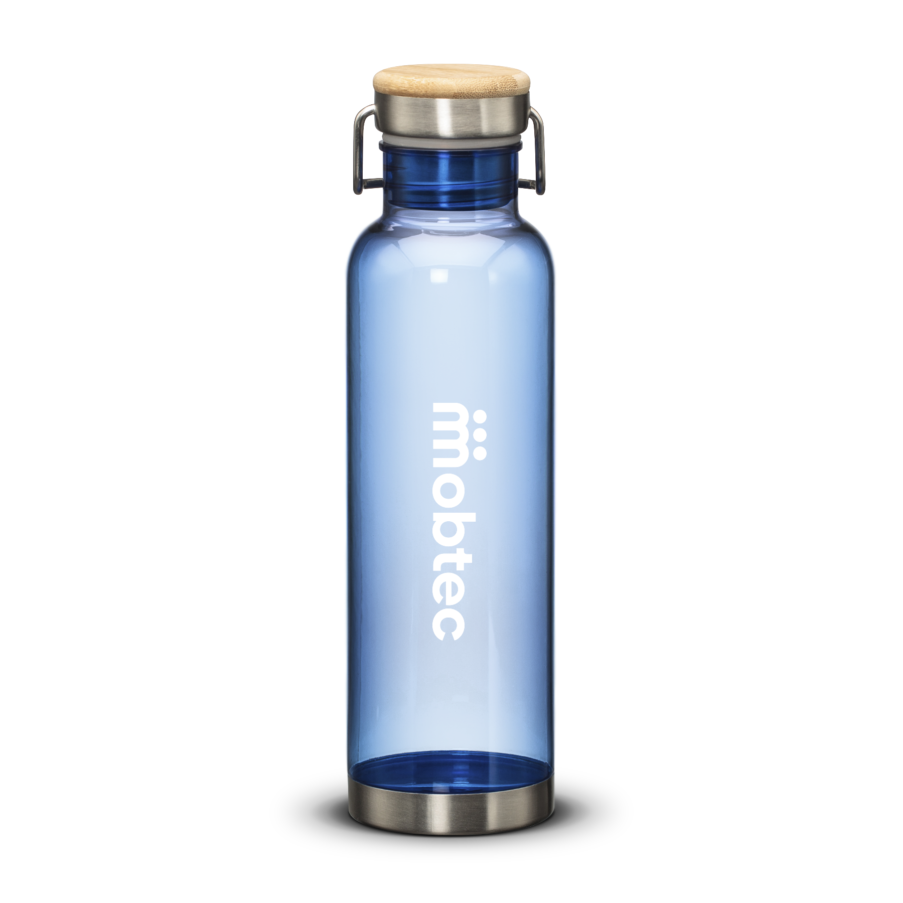 Transparent blue water bottle with bamboo lid, metal base, and white Mobtec logo.