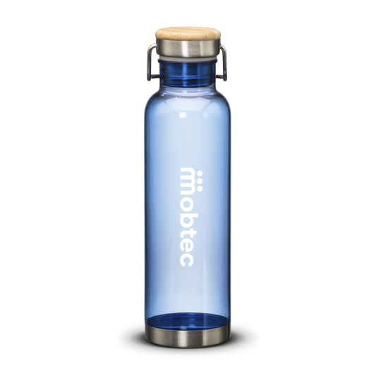 Transparent blue water bottle with bamboo lid, metal base, and white Mobtec logo.