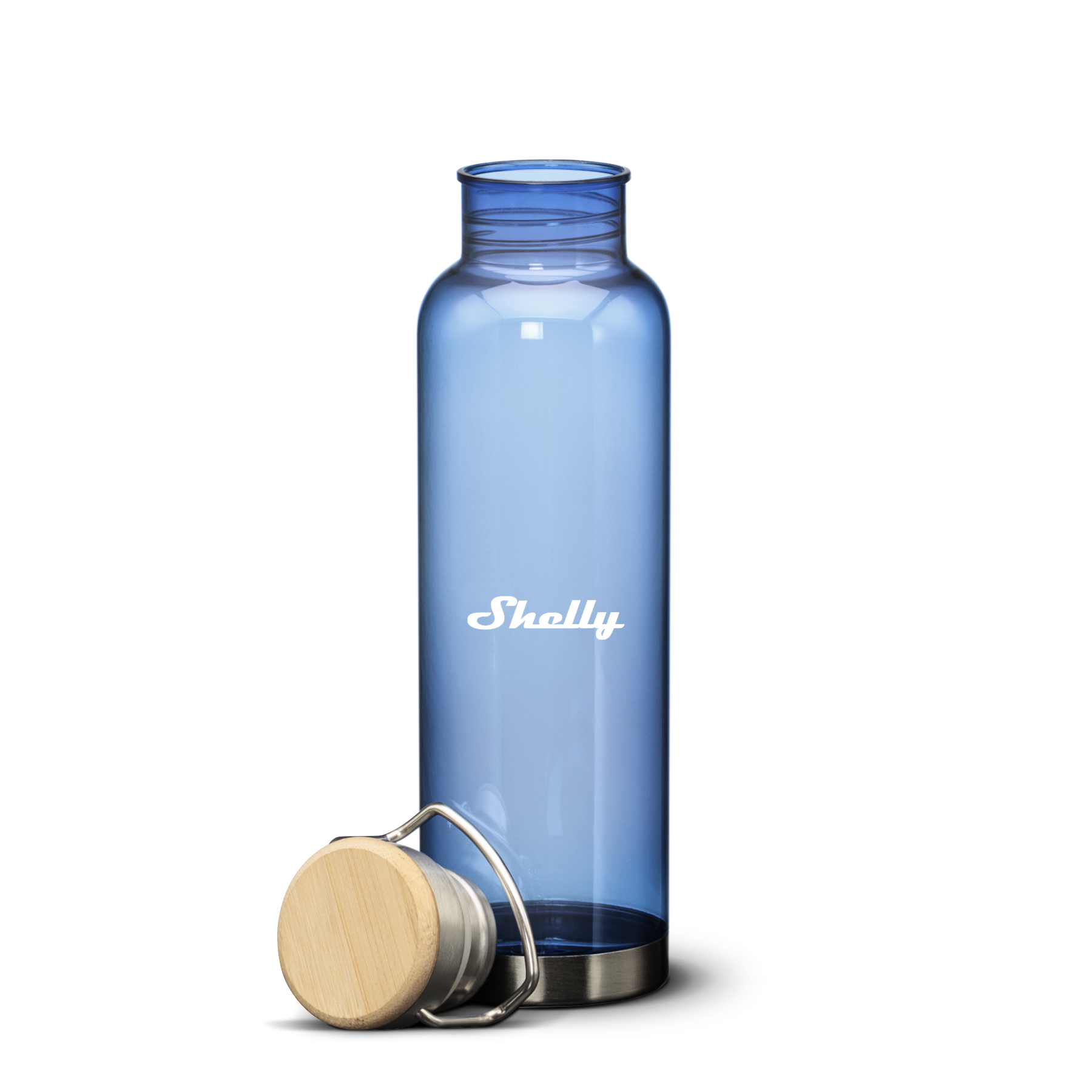Transparent blue water bottle with metal base and bamboo lid placed in front, featuring white Shelly logo.