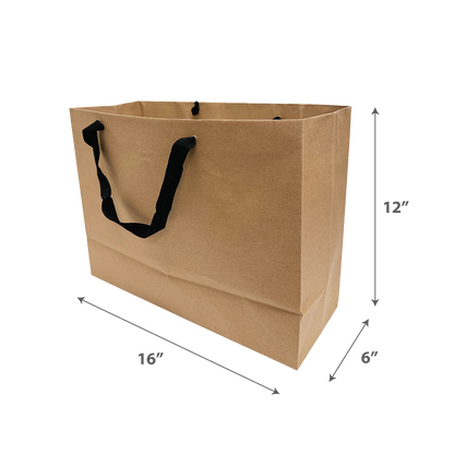 Kraft brown paper shopping bag with black rope handles. Dimensions are 16 inches wide, 12 inches tall, and 6 inches deep.