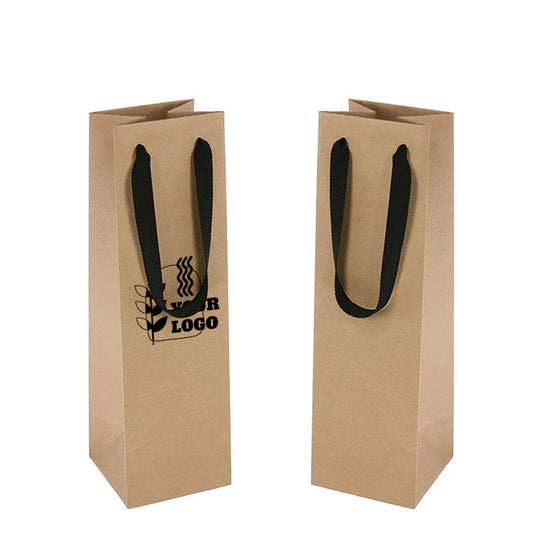 Tall kraft paper bags with black rope handles, designed for bottles. One bag features a black custom "YOUR LOGO" print with steam and leaf graphics.