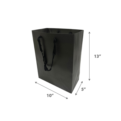 Black paper shopping bag with black rope handles, displayed on a transparent background. The bag dimensions are labeled as 13 inches high, 10 inches wide, and 5 inches deep.