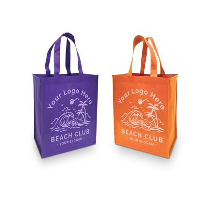Custom purple and orange reusable tote bags with beach-themed logo.
