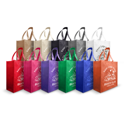 Multicolor reusable tote bags with custom beach-themed logo.