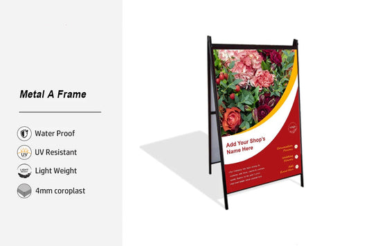 Metal A-frame sign with vibrant floral design insert, featuring waterproof, UV-resistant, and lightweight 4mm coroplast panels on both sides